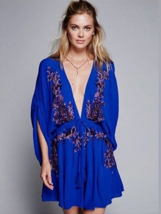Free People Dresses & Skirts - Free People Womens Pretty Pineapple Embroidered Dress Royal Blue Size Small